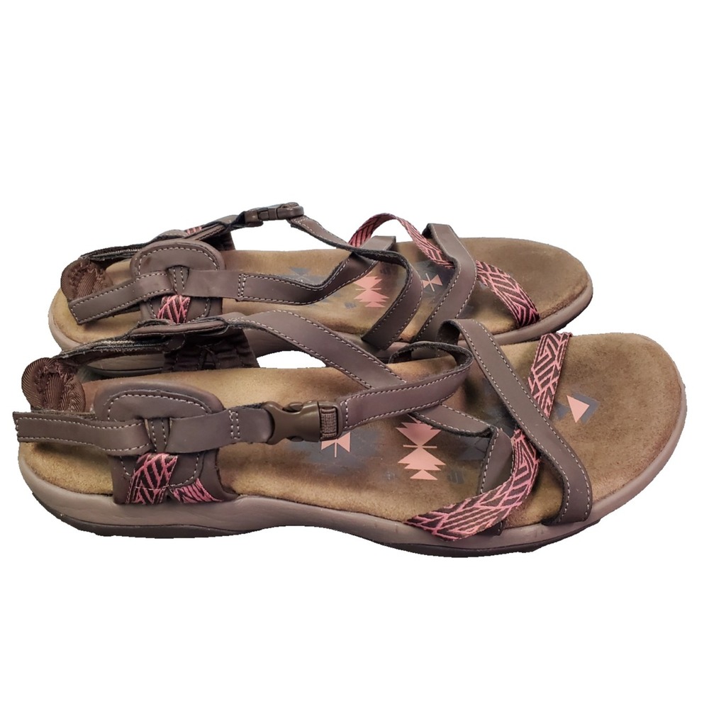 Skechers Sandals Womens Sz 11 Strappy Brown Open Toe‎ Memory Foam Buckled Casual